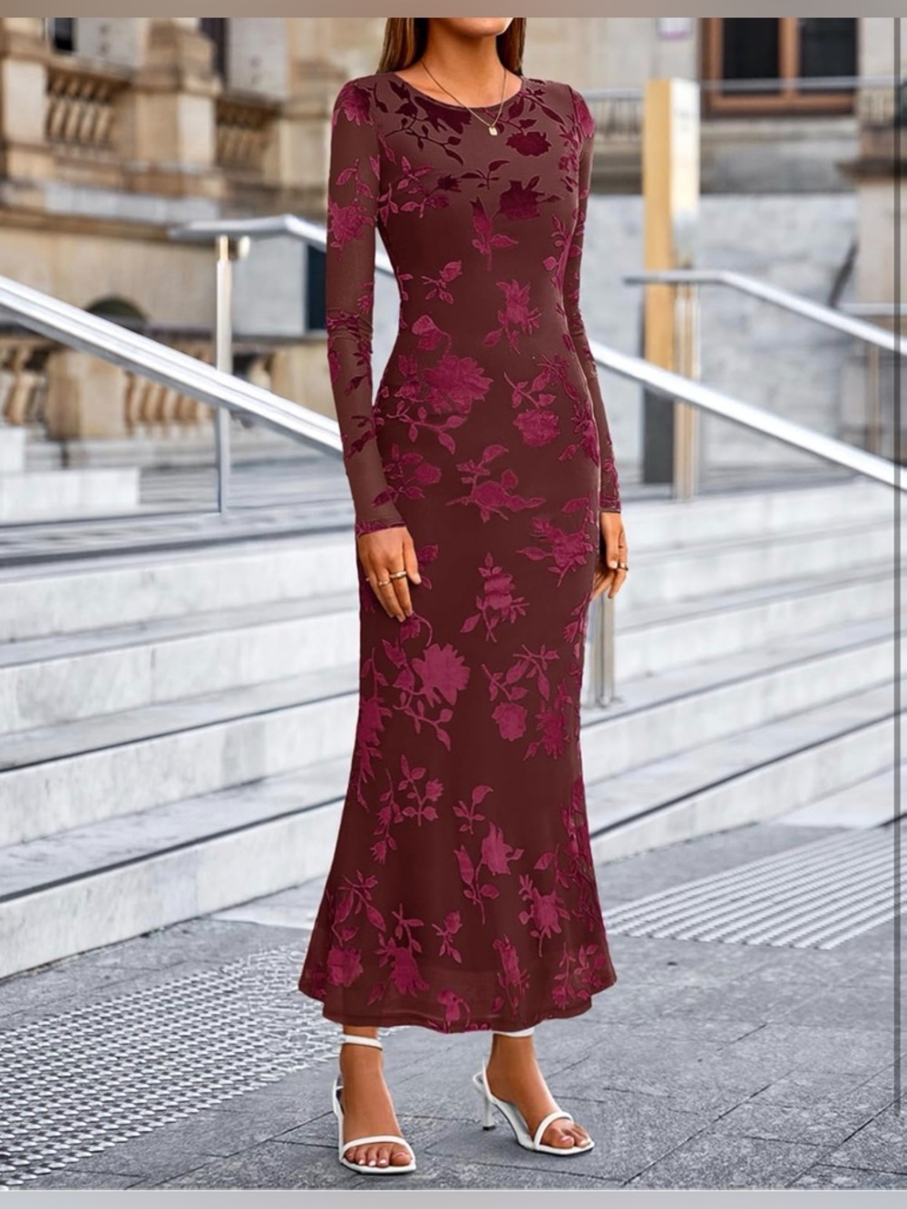 MEROKEETY 2026 Long Sleeve Bodycon Floral Mesh Fall Cocktail Formal Party Dress - Picture 4 of 8